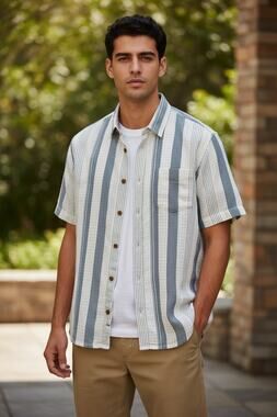Free Planet Men's Striped Textured Gauze Button Up Shirt Blue White Short Sleeve